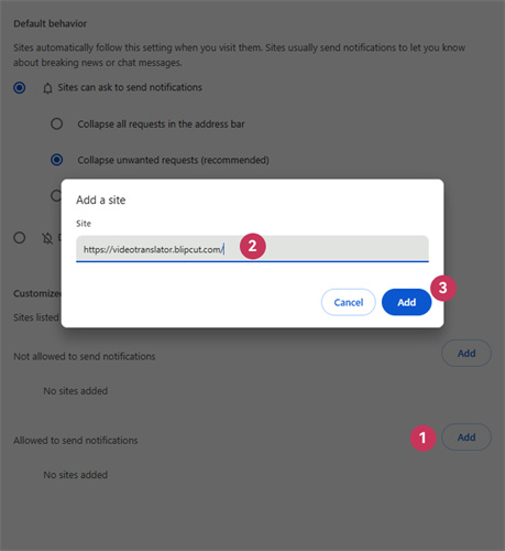 enable notifications from a specific site