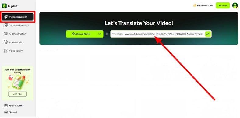 pegar enlace para traducción blipcut