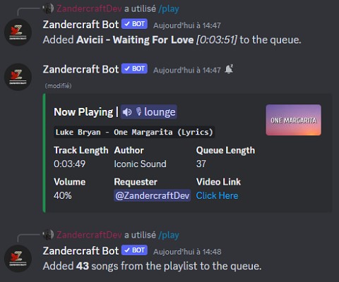 zandercraft bot for discord streaming music