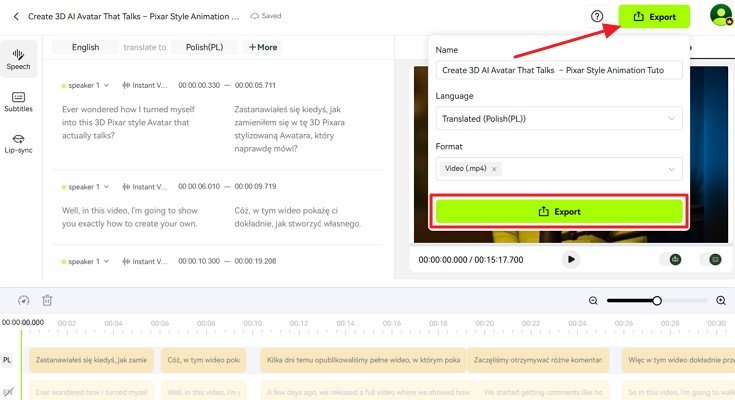 3d avatar image export translated video