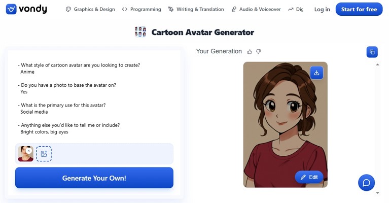 vondy ai cartoon avatar converter tool