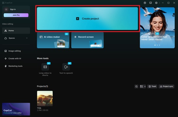 capcut software start new project