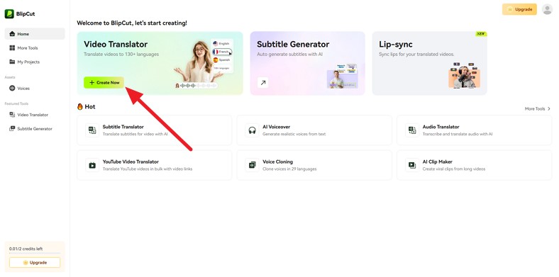 click create now to translate video