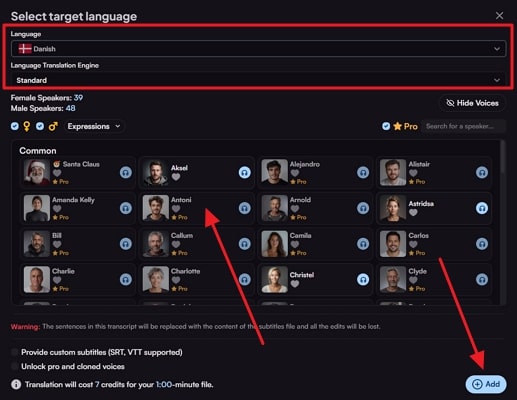 select desired language for translation