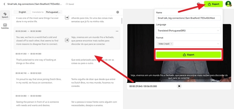 export translated youtube video