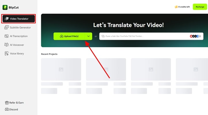 upload video across blipcut translator