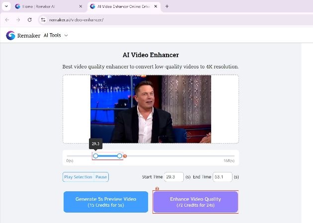 select the region and start video enhancement