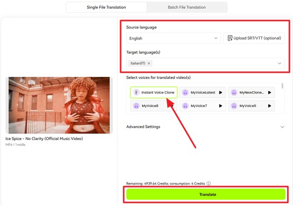 choose instant voice clone translate video