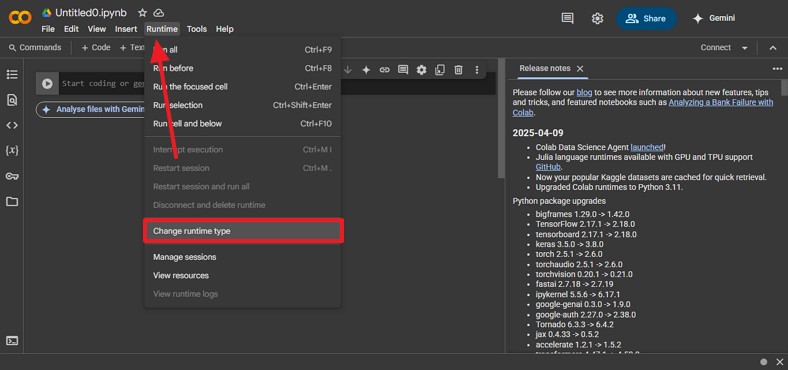 change runtime colab notebook