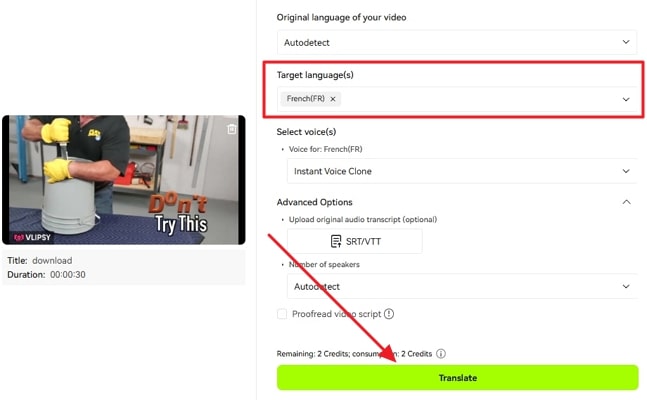 pick language and begin translation