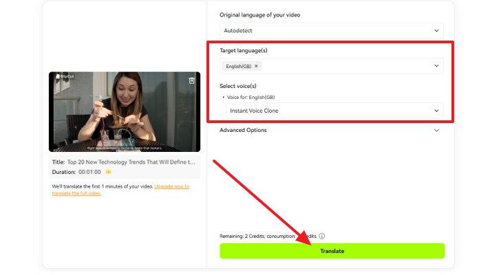 choose target language and voice