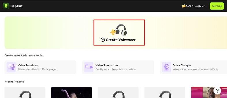 start creating blipcut voiceover video to ai cartoon