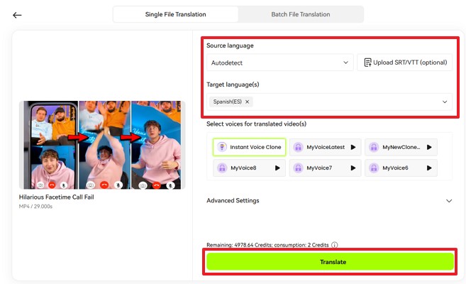 change langauge facetime call with audio