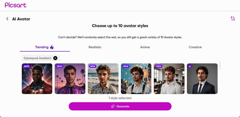 photo avatar ai tool picsart