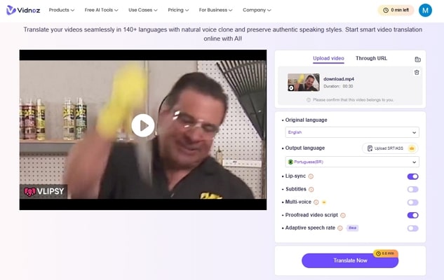 upload video for translation with vidnoz