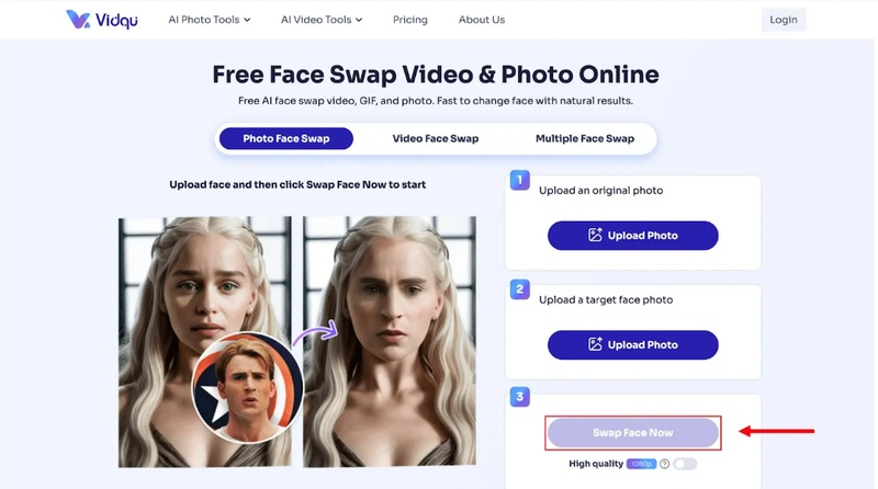 Vidnoz face swap in Vidqu AI