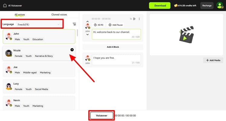 add french text for voiceover