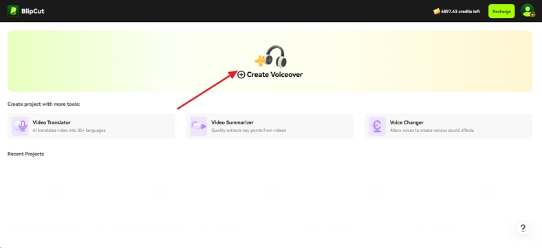 select create voiceover blipcut interface