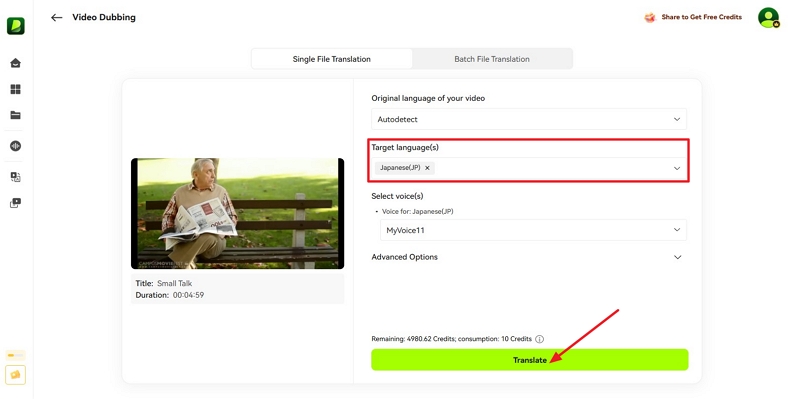 choose translate language blipcut