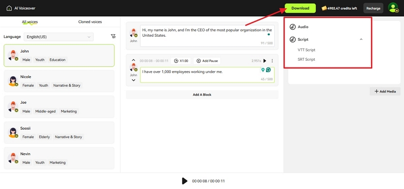 save voiceover file from blipcut