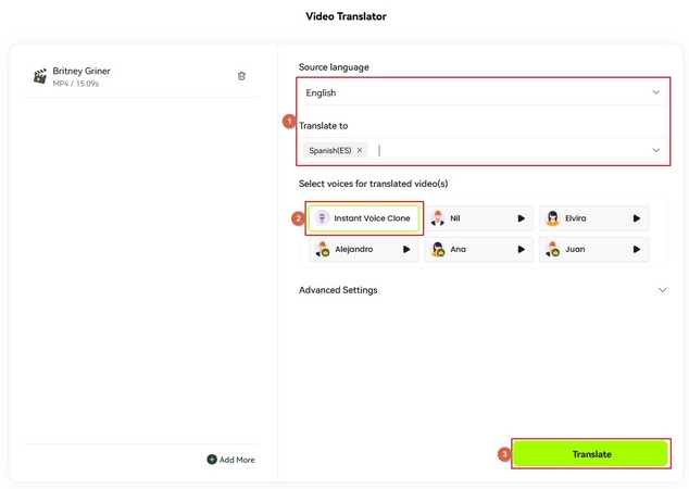 set translation preferences and choose instant voice clone