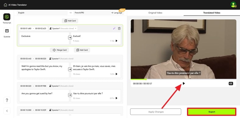hit export button after playing voice