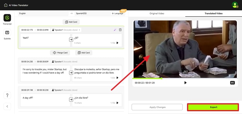 click export to save translated files