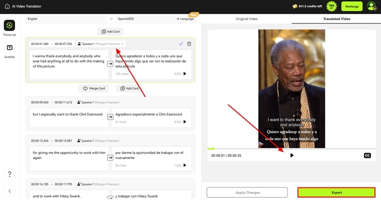 check transcription and change speaker