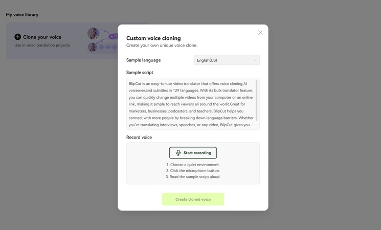 BlipCut custom voice cloning
