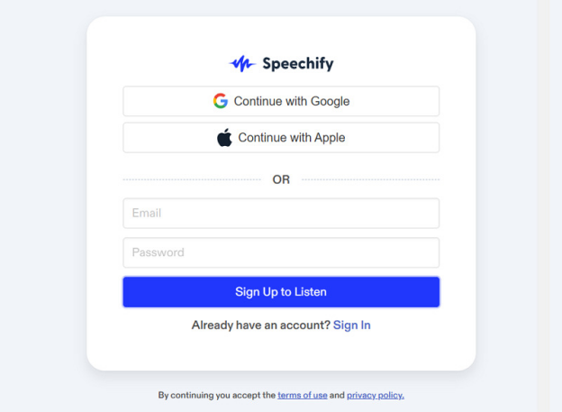 Login Speechify Voiceover