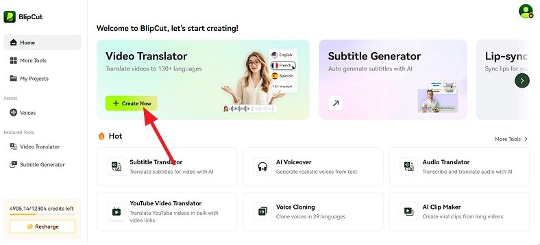 create now button blipcut translate