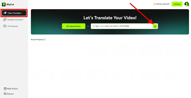 Subir video en el traductor de video blipcut