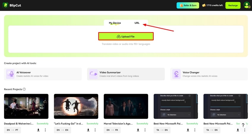 upload video file on blipcut