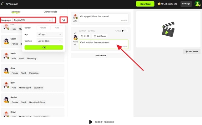 pick voice and language as needed