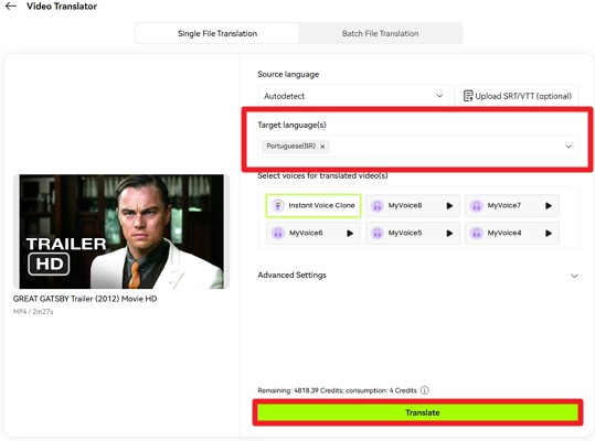 translate movie preferred language