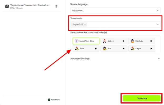 select translation language and other settings