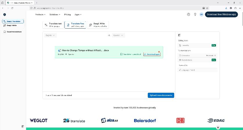 redownload the translated document from deepl translate if needed