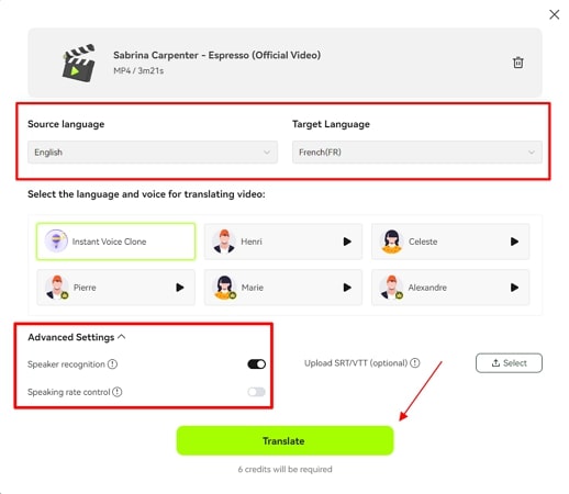 provide parameters of translation on blipcut