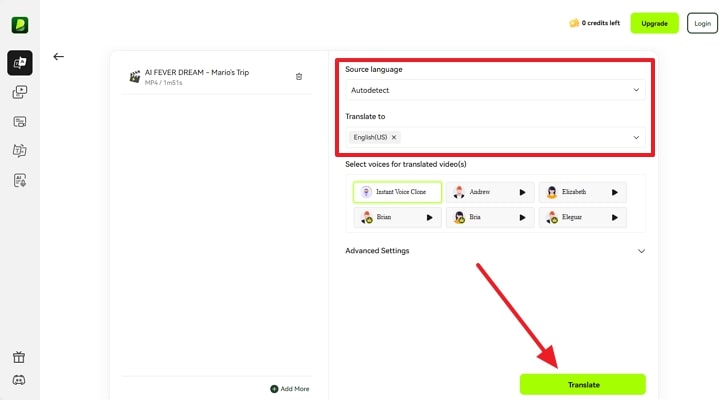 set translation language and proceed