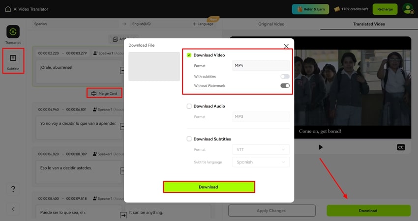 edit generated subtitles and download