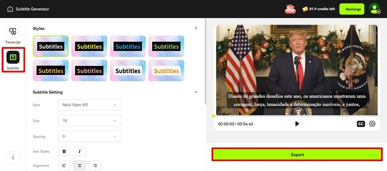 hit export after previewing subtitles