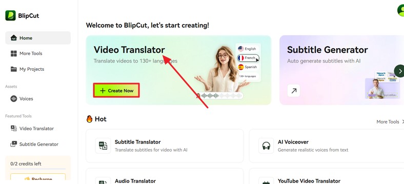 create now after choosing video translator