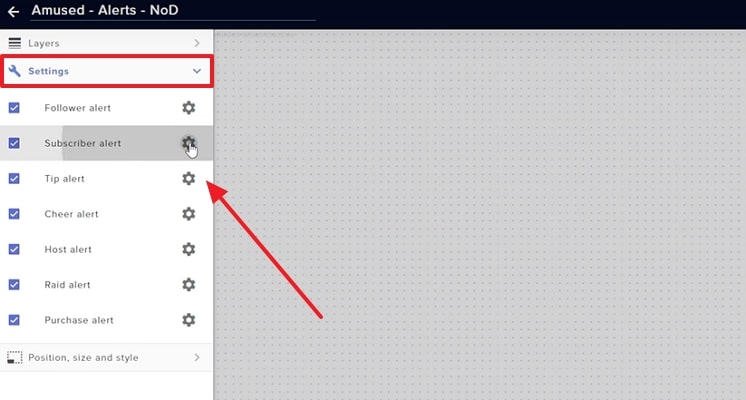 settings icon in subscriber alert