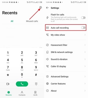 enable auto-call recordings settings