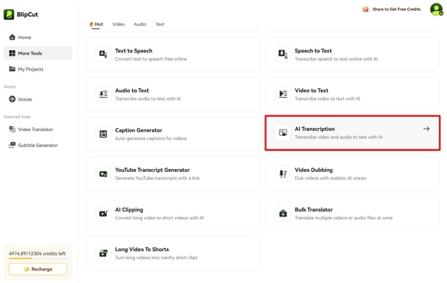 open blipcut ai transcription