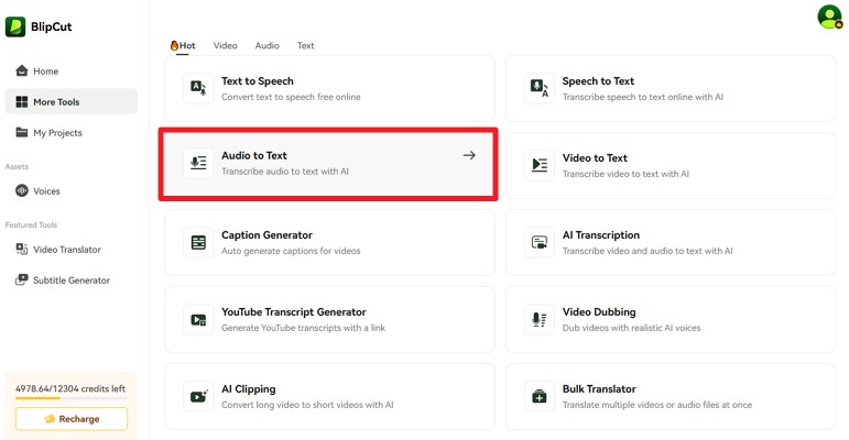deploy audio to text tool blipcut