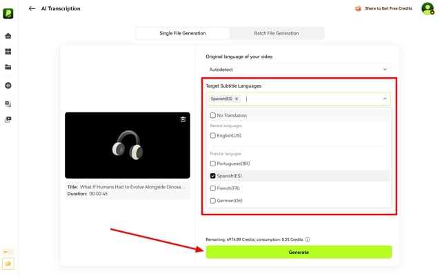 generate transcription after settings