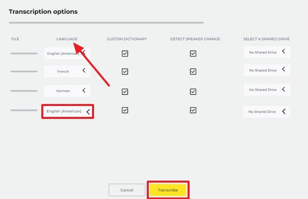 transcribe after picking language trint