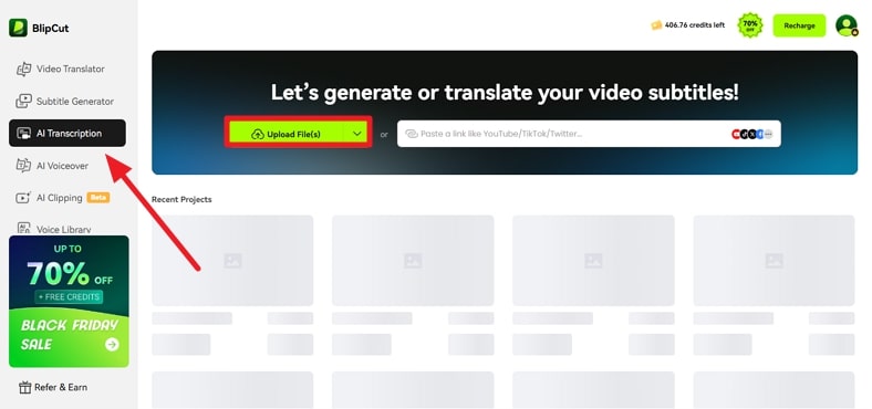 upload file to blipcut video translator
