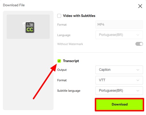 choose transcript format to download